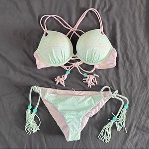 Victoria's Secret Mint Green and Light Pink Strappy Bikini